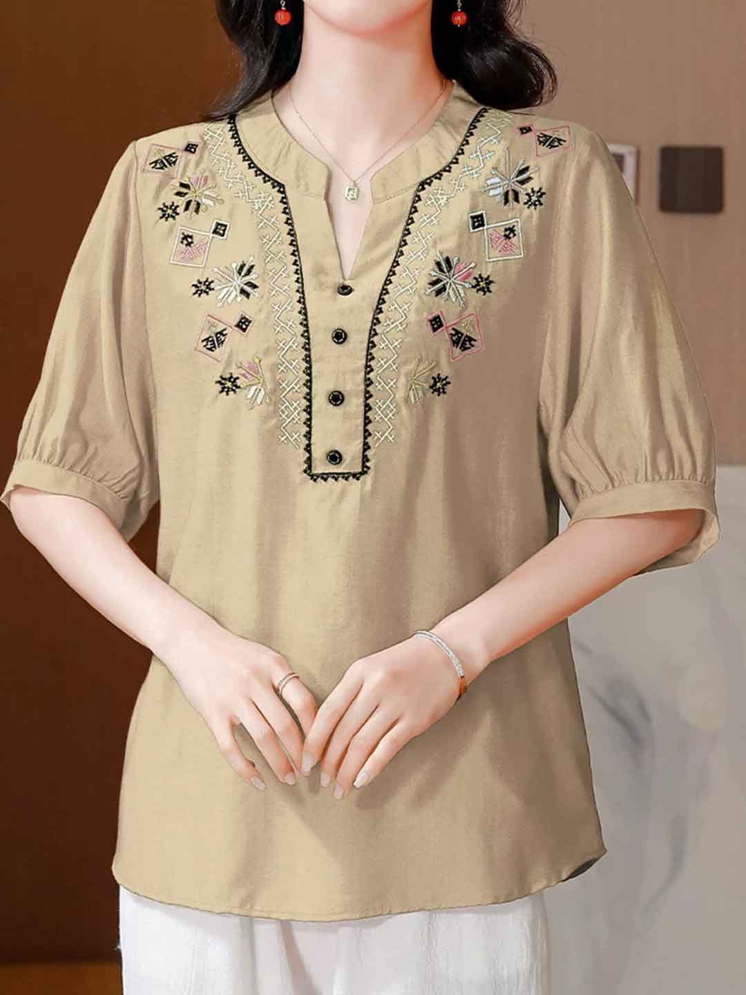 Hailey Loose V-Neck Puff Sleeve Embroidered Top