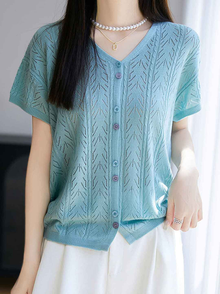 Mariah Elegant V-Neck Solid Color Jacquard Hollowed Cardigan