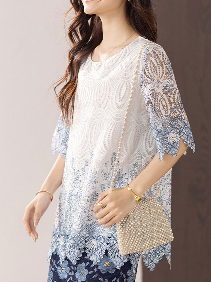Ava Loose Crew Neck Hollowed Lace Top