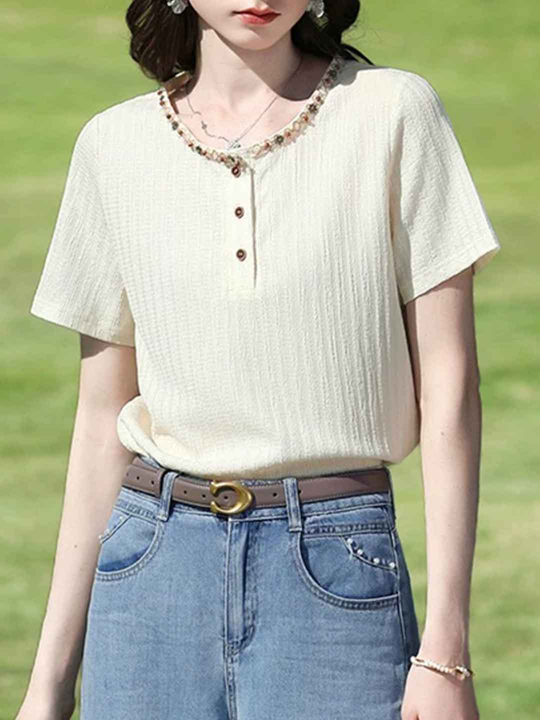 Brianna Slim Crew Neck Textured Top