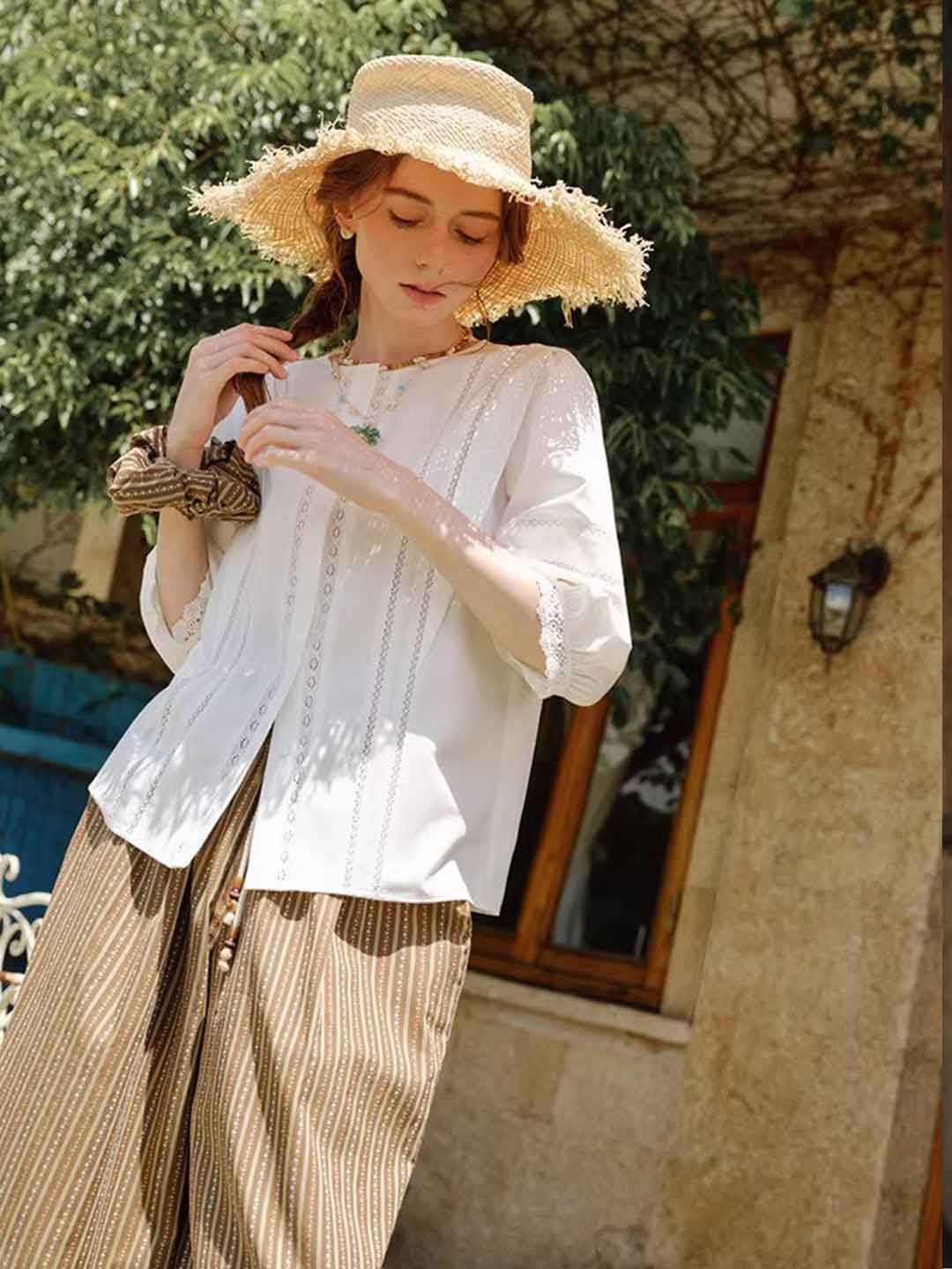 Riley Classic Crew Neck Lantern Sleeve Hollowed Lace Top