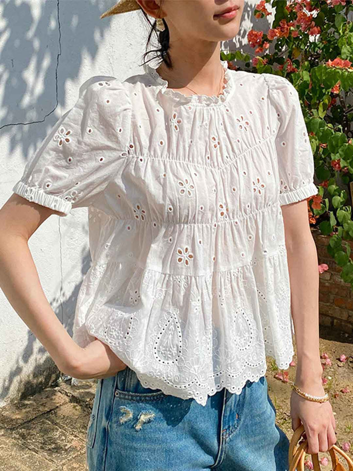 Arianna Retro Auricular Puff Sleeve Embroidered Top