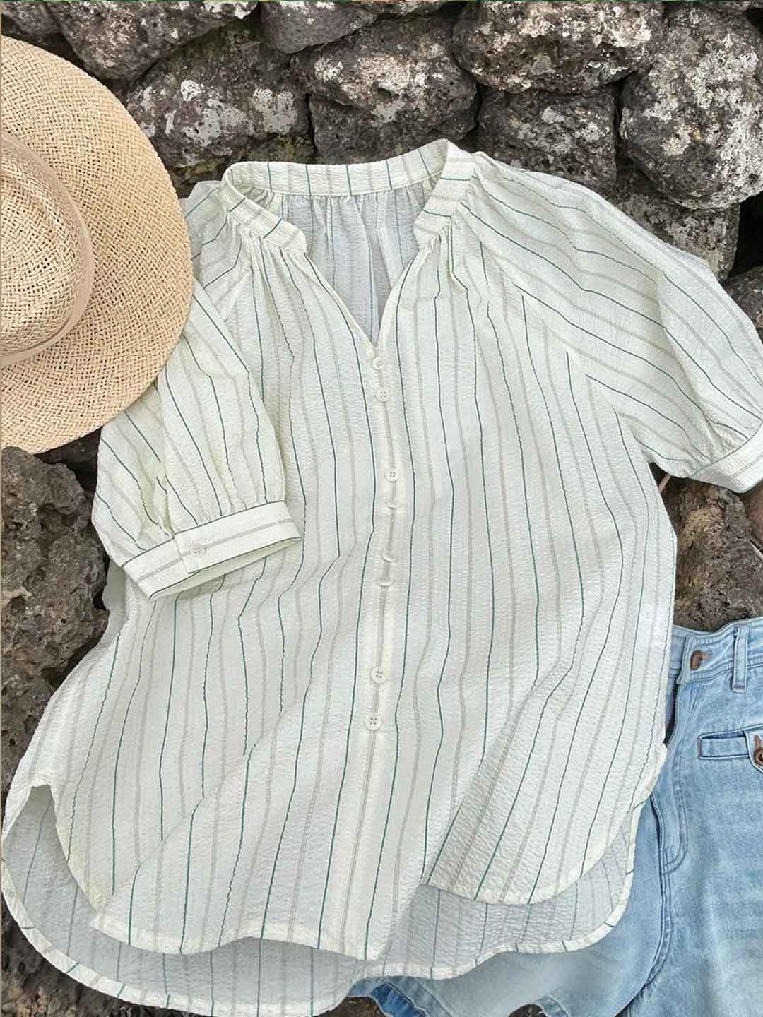 Sarah Loose V-Neck Striped Shirt