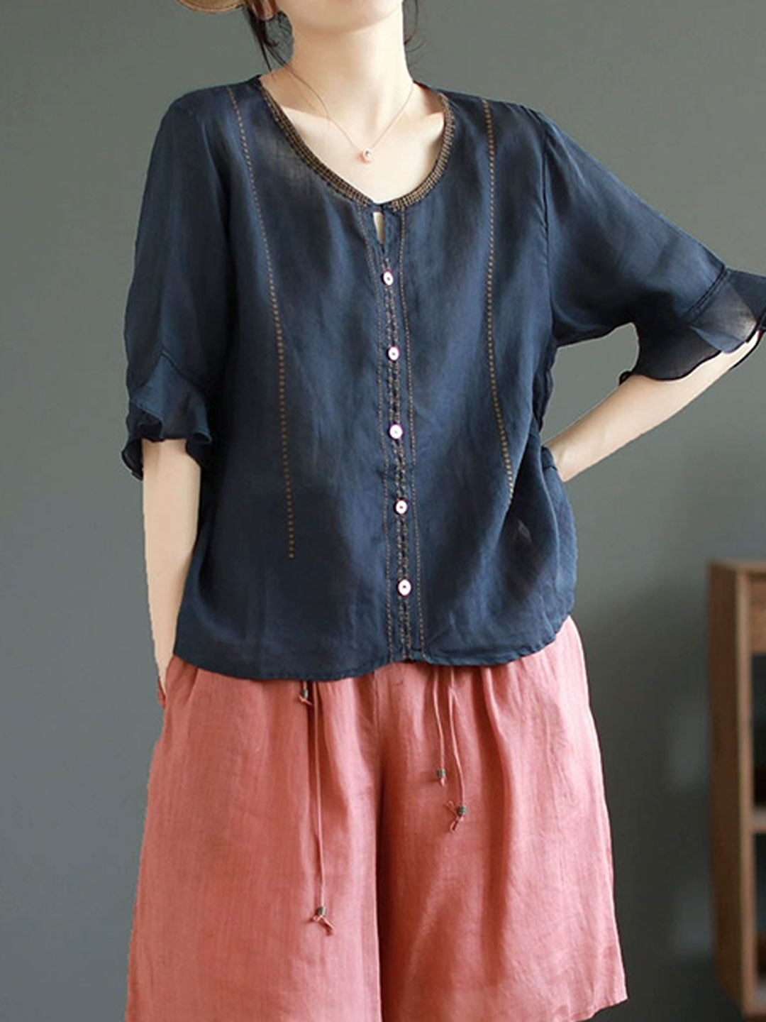 Faith Loose V-Neck Flare Sleeve Embroidered Top