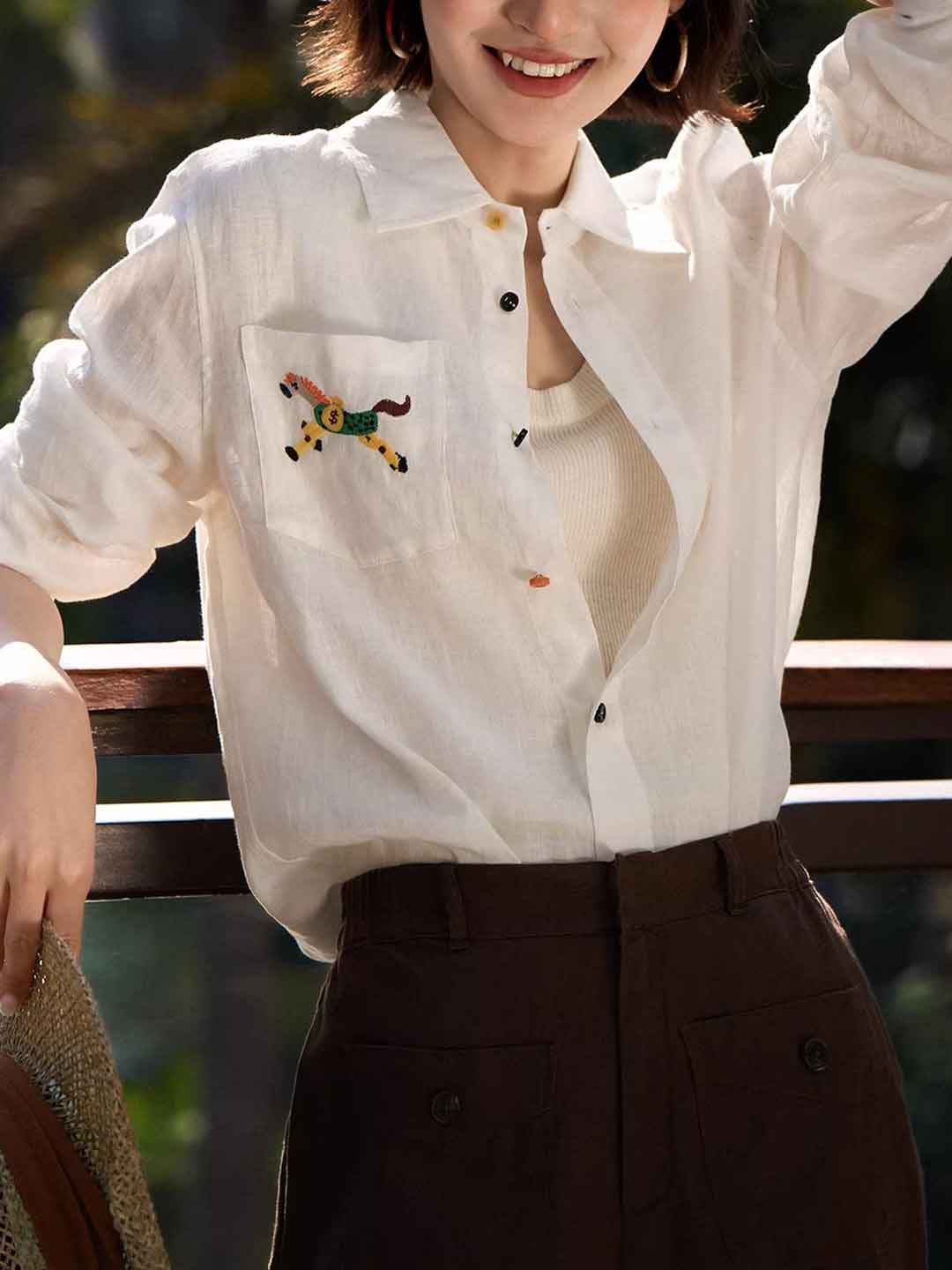 Ava Casual Lapel Embroidered Linen Shirt