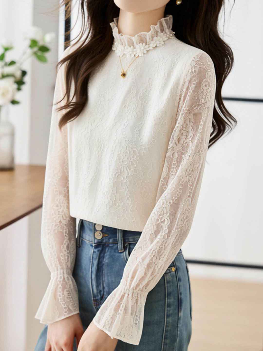 Ella Elegant Auricular Collar Lace Chiffon Top
