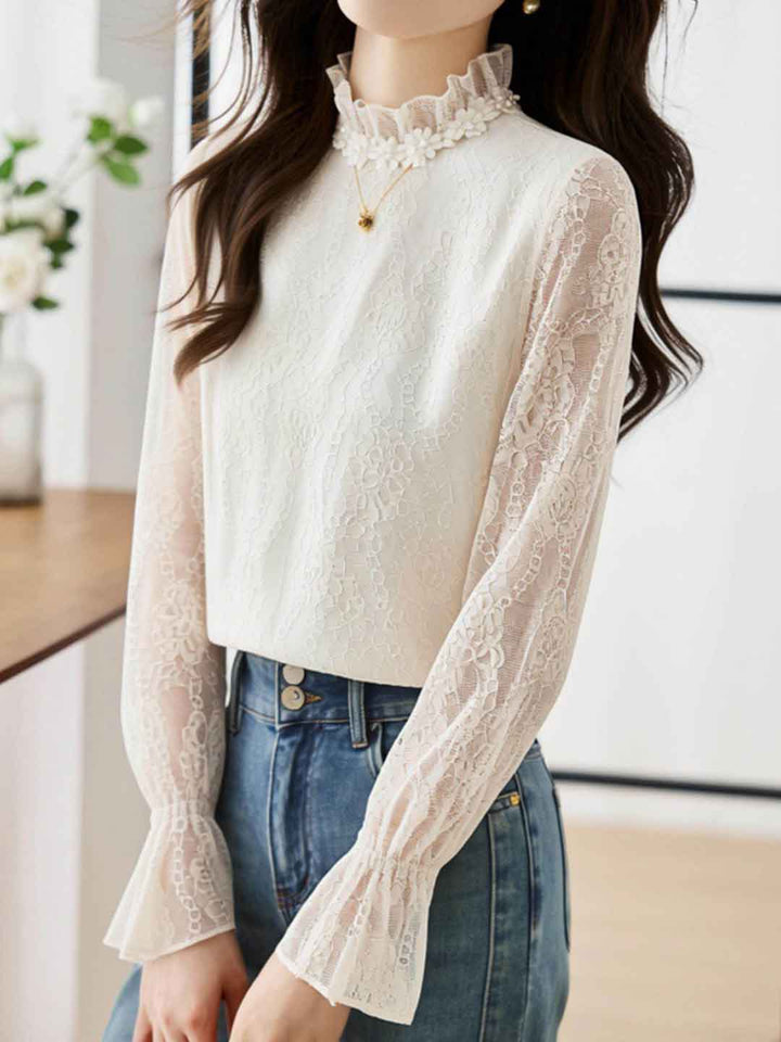 Ella Elegant Auricular Collar Lace Chiffon Top