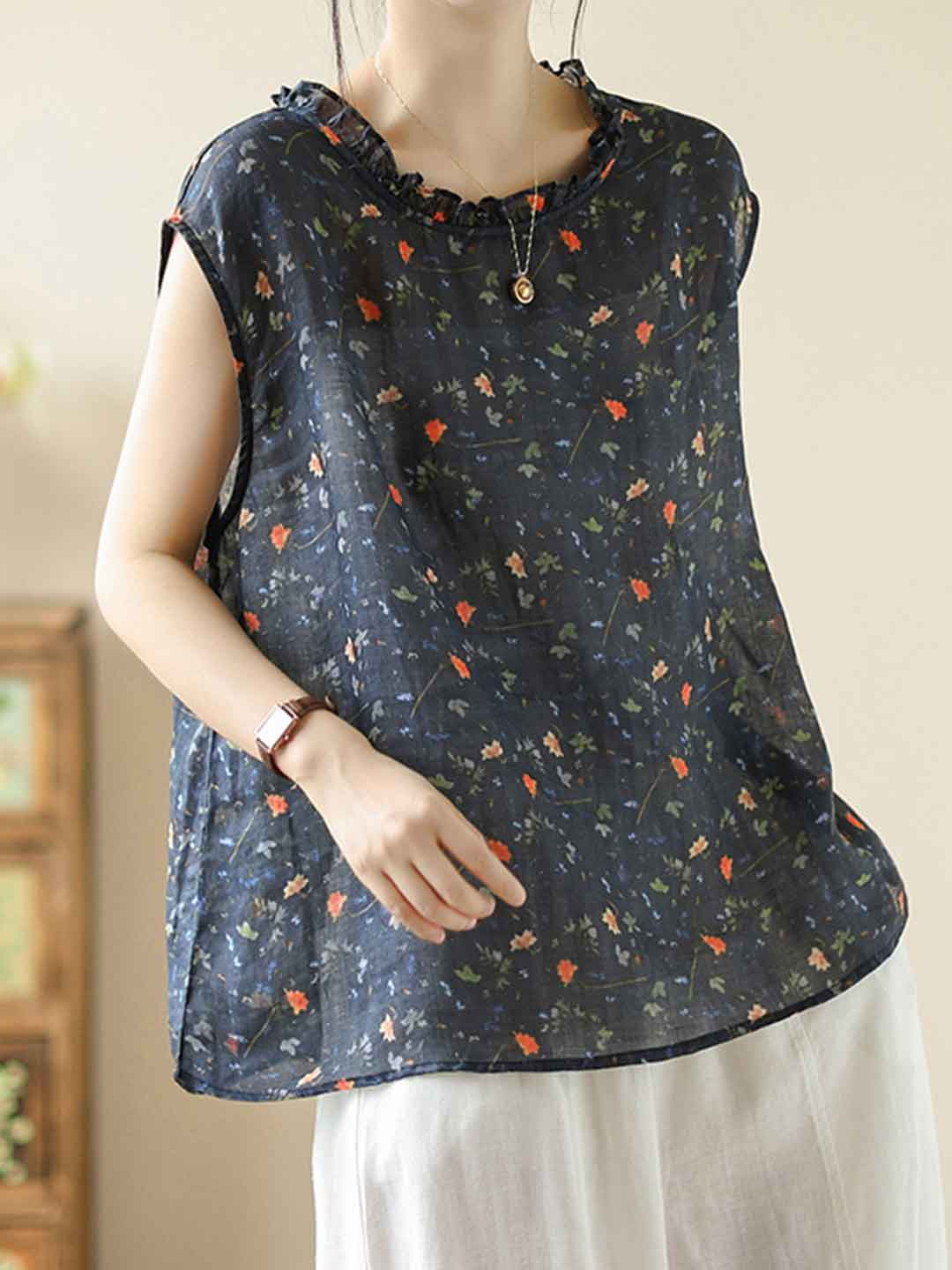 Ava Casual Auricular Collar Printed Top