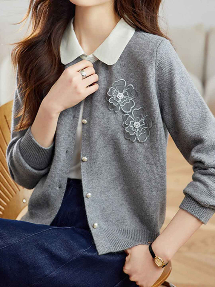 Kayla Crew Neck Flowers Beaded Knitted Cardigan