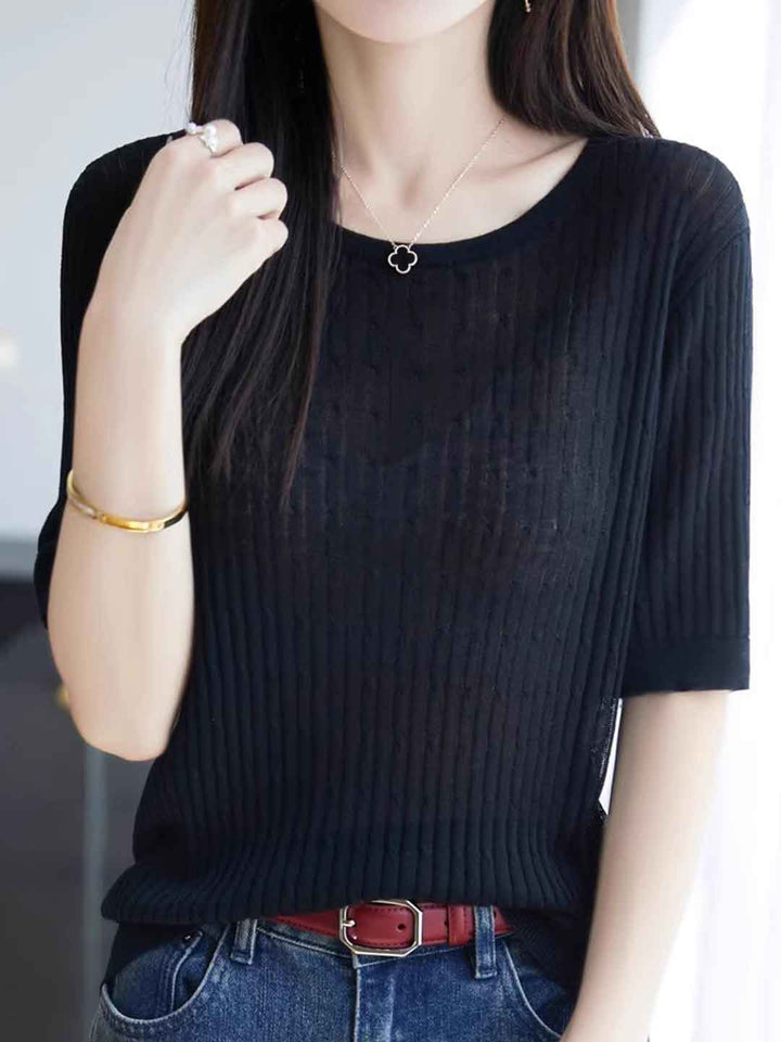 Sophie Loose Crew Neck Solid Color Cable Knitted Top