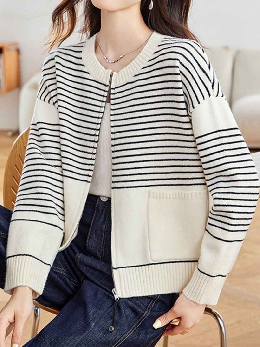 Ava Casual Crew Neck Striped Knitted Cardigan