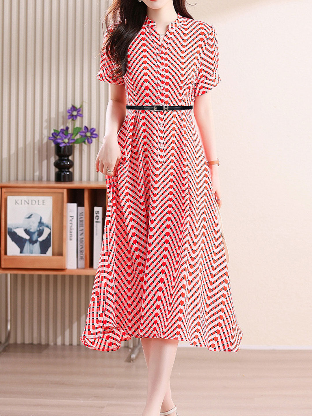 Ava Daily Stand-Up Collar Plaid Chiffon Dress