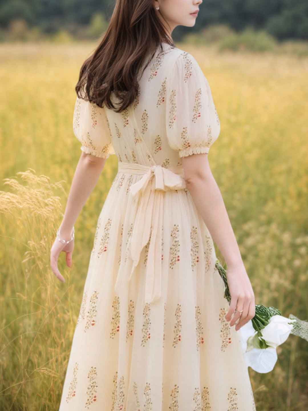 Selina Vacation V-Neck Puff Sleeve Floral Dress