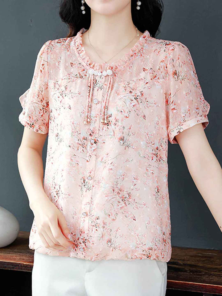 Aubrey Loose Crew Neck Floral Chiffon Blouse