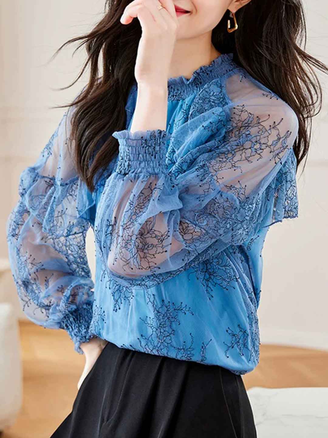 Grace Elegant Ruffled Collar Lantern Sleeve Lace Top
