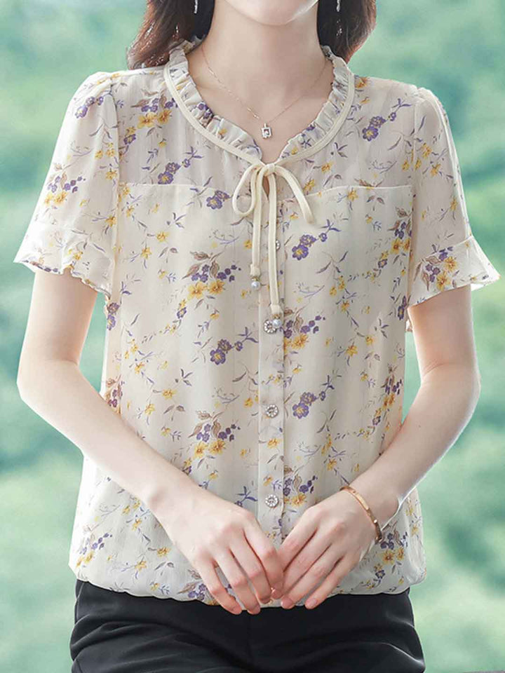 Serenity Loose V-Neck Printed Chiffon Top