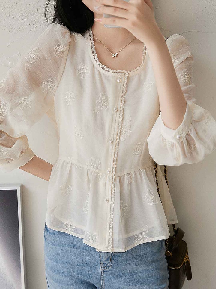 Sophie Elegant Square Neck Lace Embroidered Top
