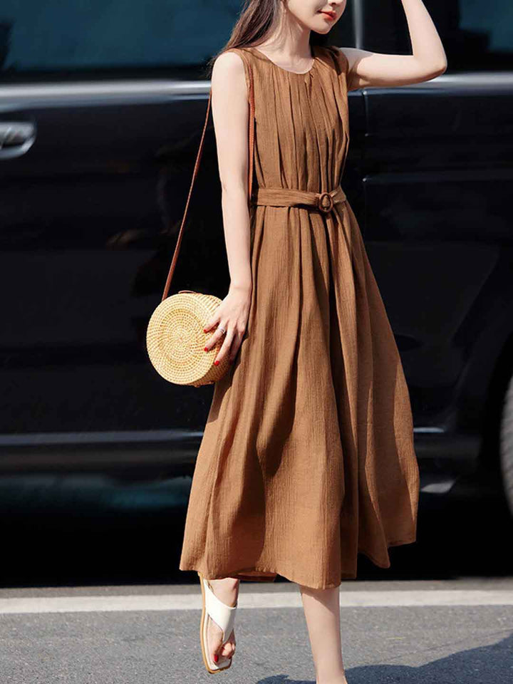 Gabriella Elegant Crew Neck Pleated Waisted Dress