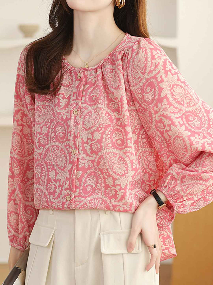 Olivia Loose Crew Neck Lantern Sleeve Floral Printed Top
