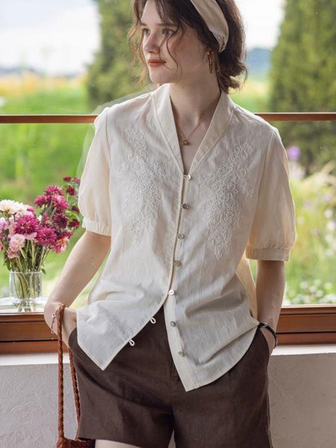 Sofia Daily V-Neck Solid Color Textured Blouse