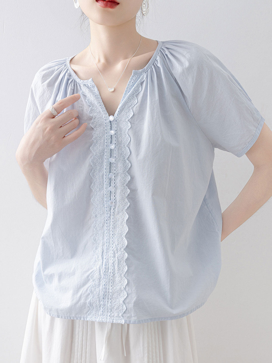 Leah Loose V-Neck Puff Sleeve Lace Blouse