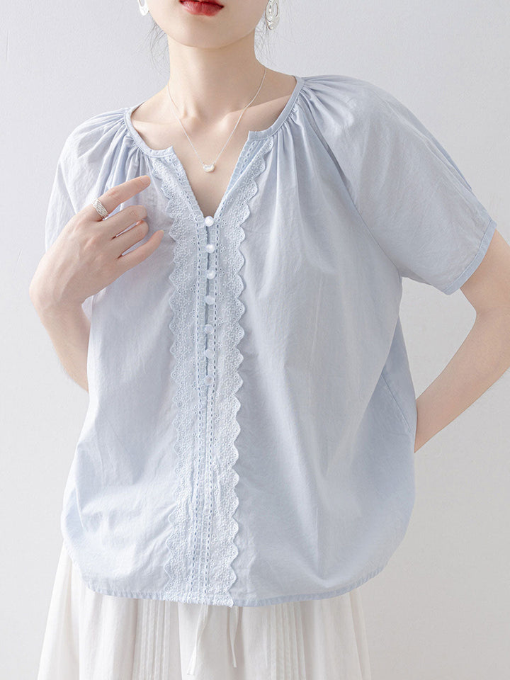 Leah Loose V-Neck Puff Sleeve Lace Blouse