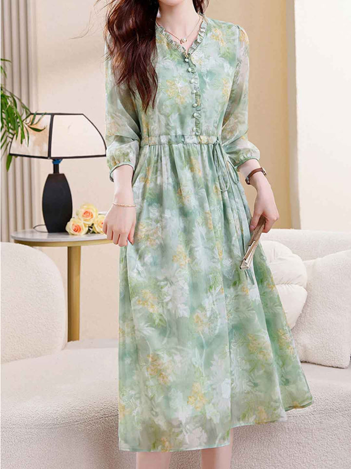 Natalie Vacation Auricular Collar Jacquard Drawstring Dress