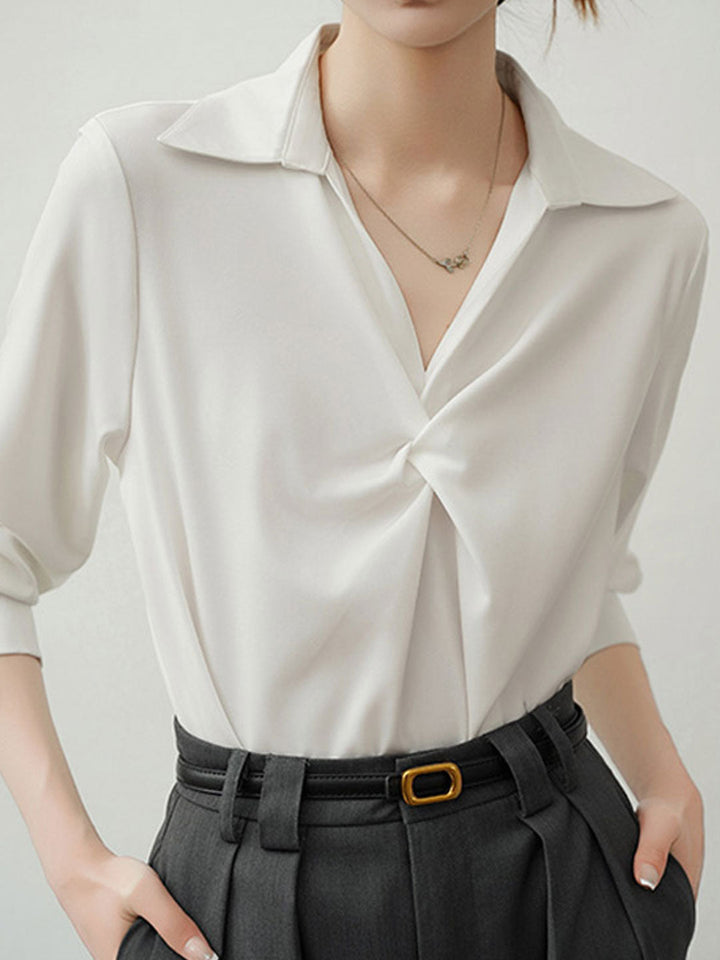 Emily Loose V-Neck Solid Color Satin Shirt