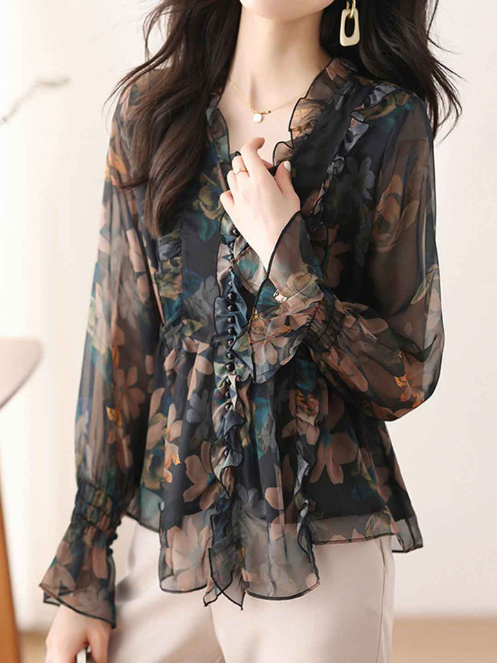 Taylor Daily V-Neck Ruffled Floral Chiffon Blouse