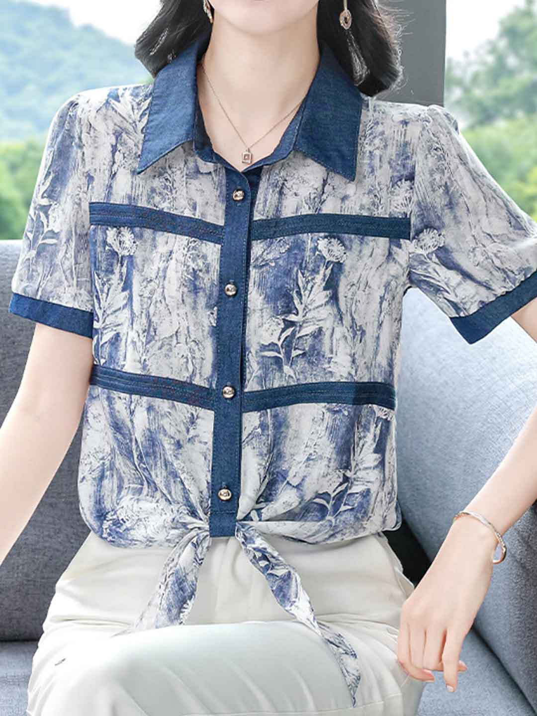 Sophie Classic Polo Printed Denim Chiffon Shirt