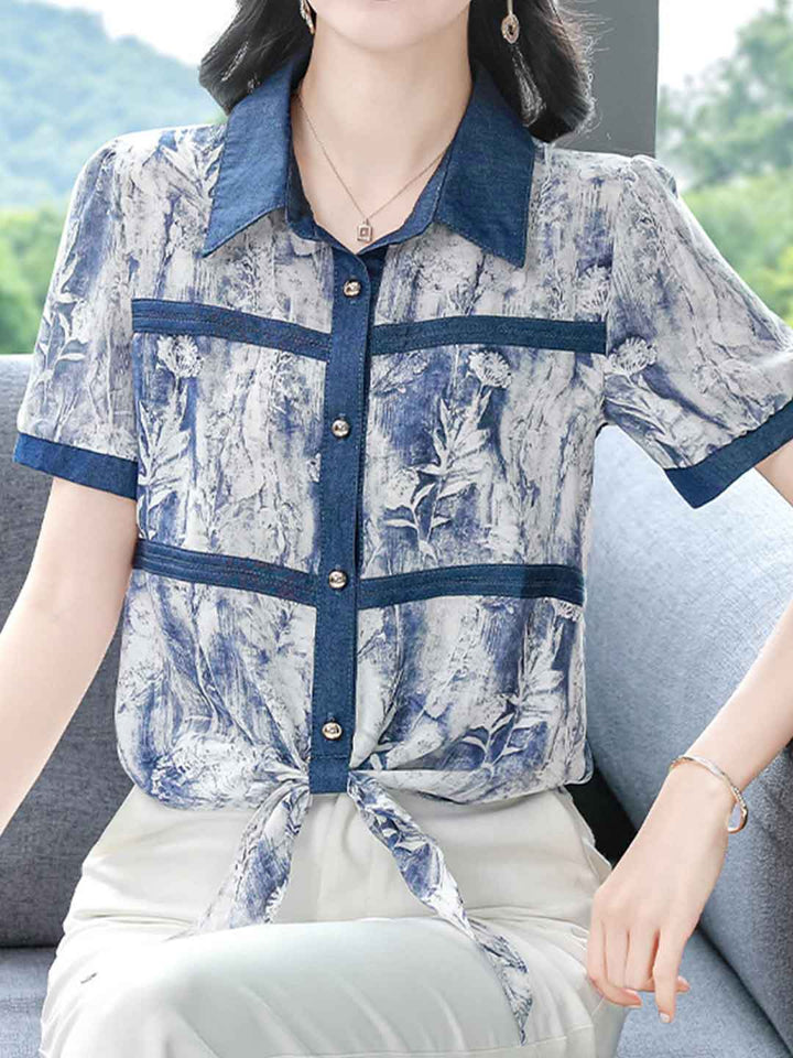 Sophie Classic Polo Printed Denim Chiffon Shirt