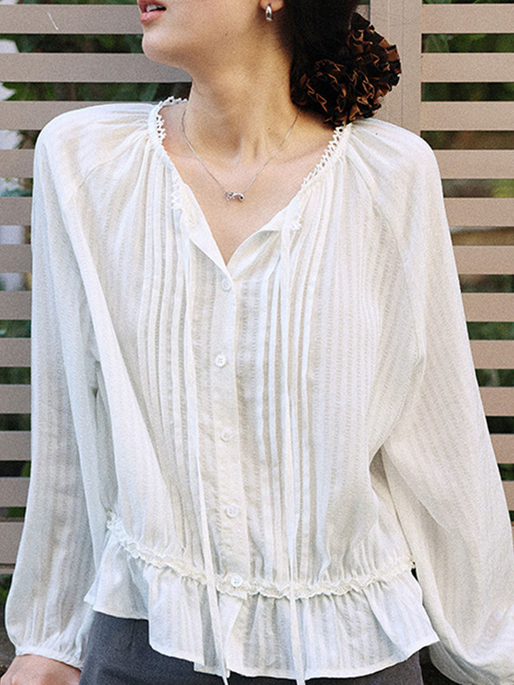 Ashley Retro Puff Sleeve Tie Pleated Blouse