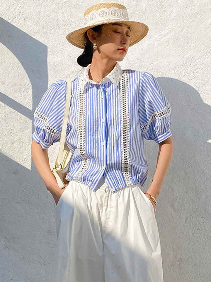 Destiny Daily Puff Sleeve Hollowed Striped Shirt