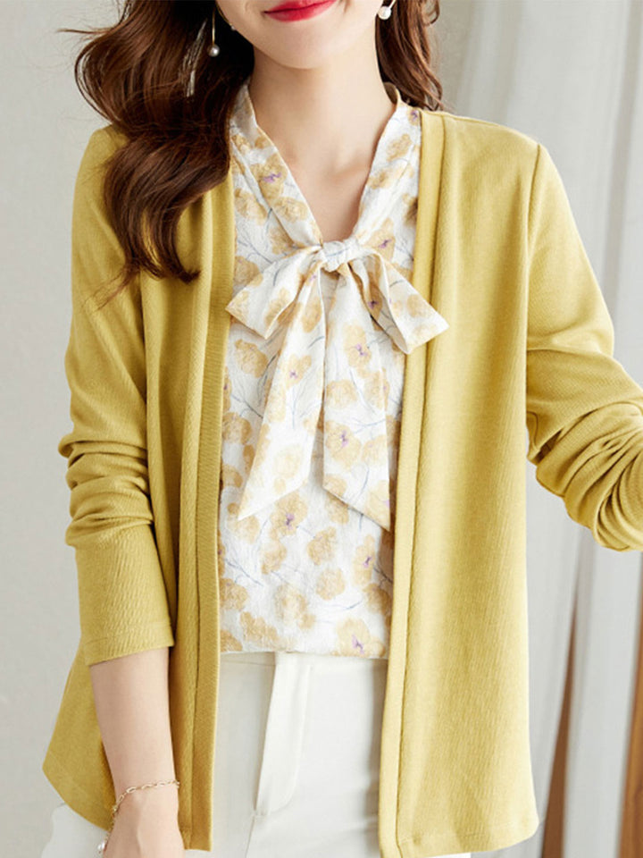 Taylor V-Neck Streamer Printed Splicing Top-Yellow