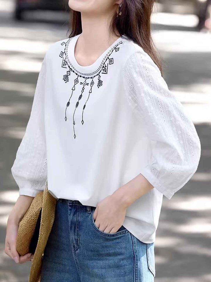 Isabella Loose Crew Neck Embroidered Top