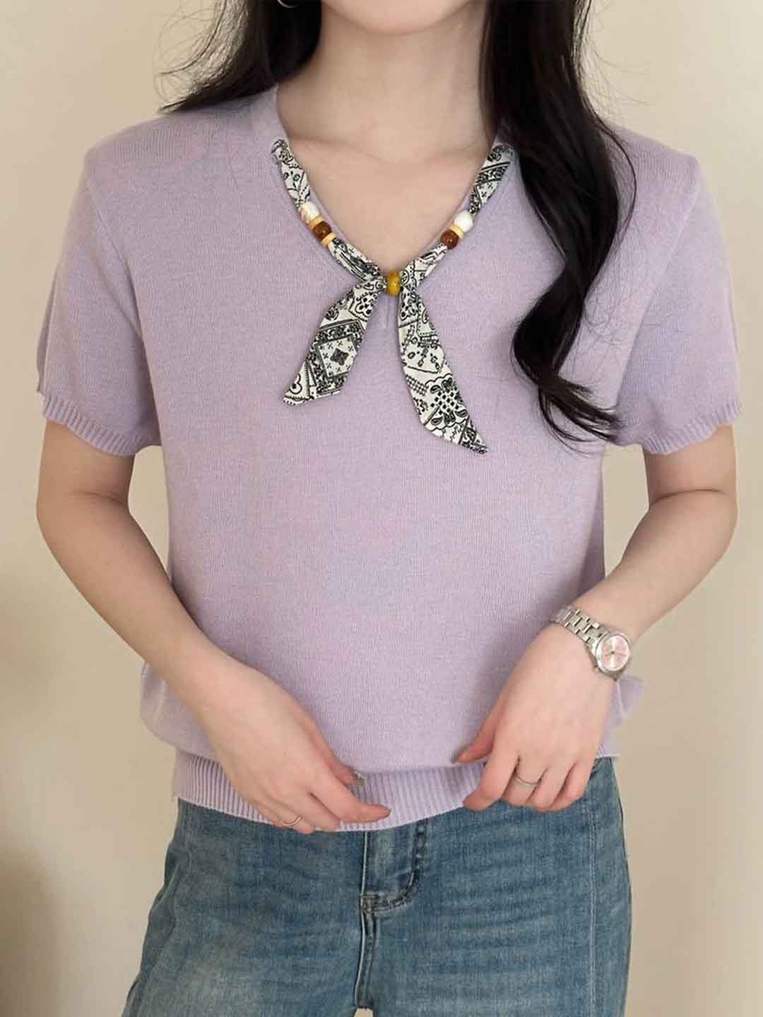 Kaylee Loose V-Neck Scarf Knitted Top