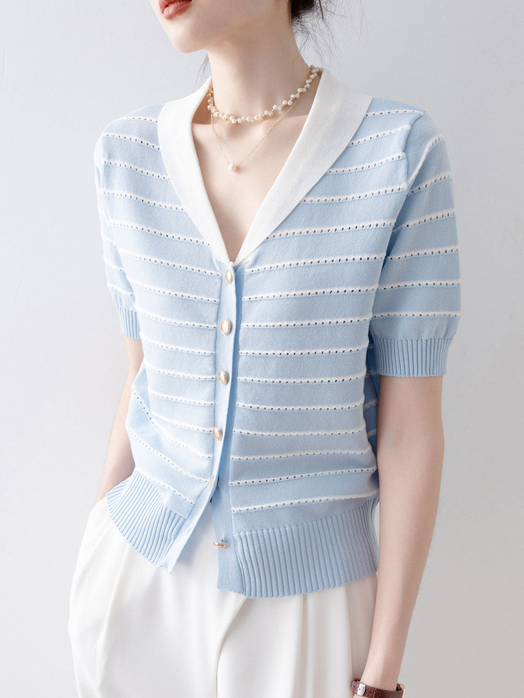 Hannah Loose V-Neck Hollowed Knitted Top