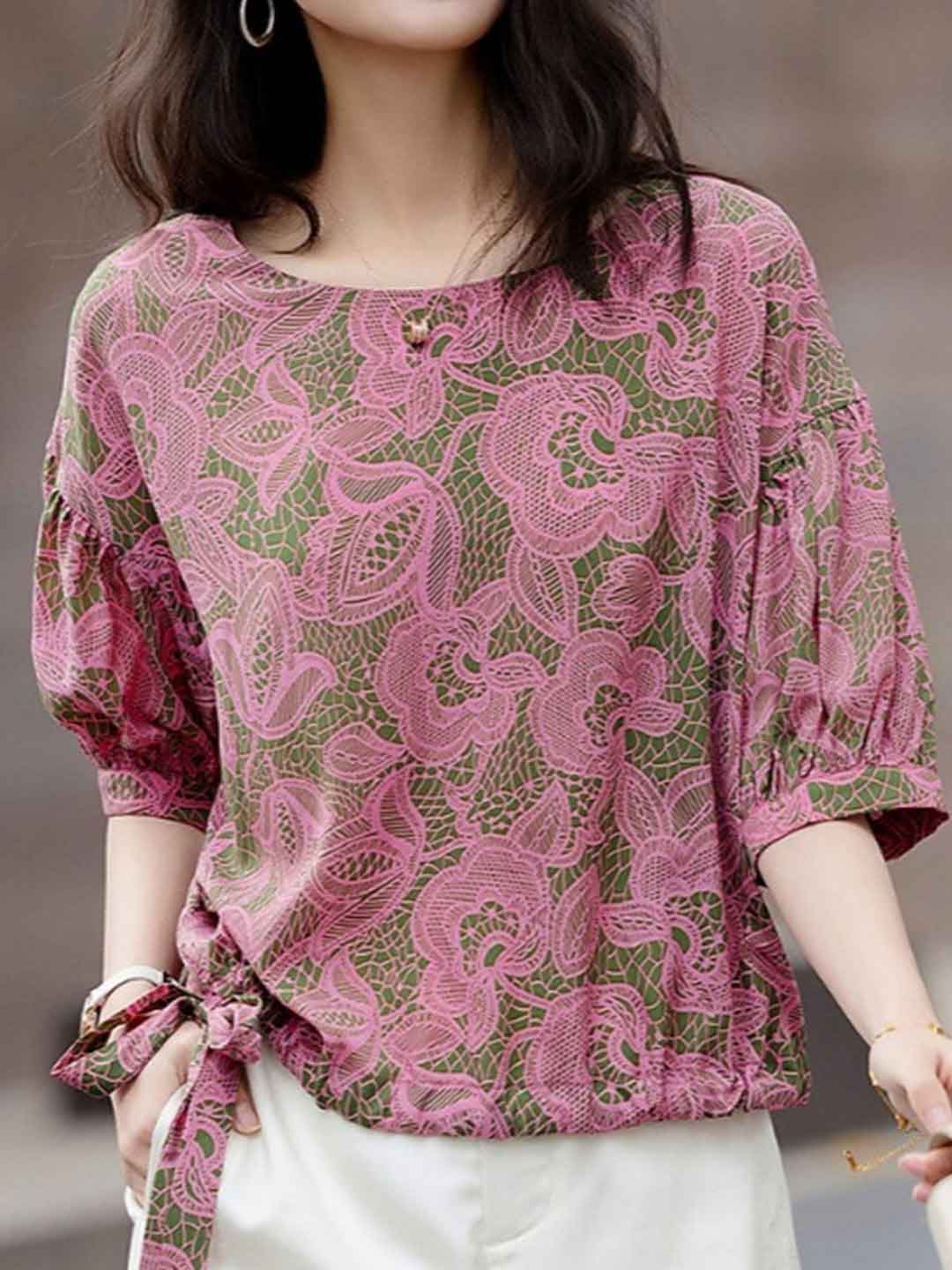 Madison Loose Crew Neck Latern Sleeve Drawstring Top