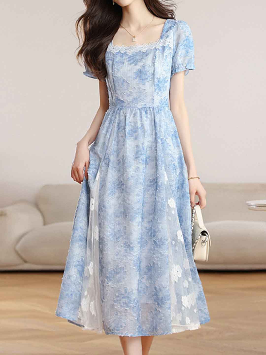Emma Elegant Square Neck Jacquard Waisted Dress
