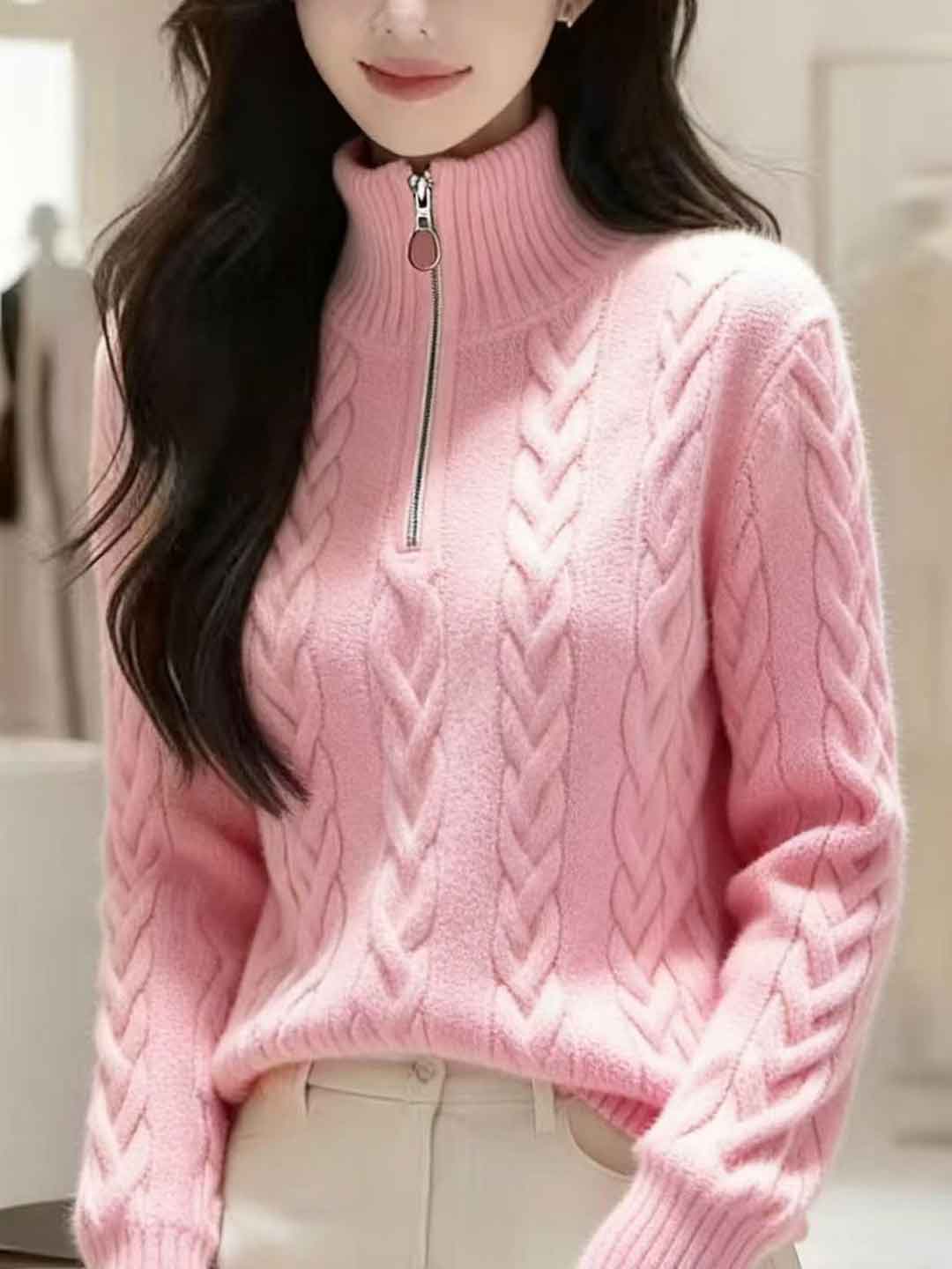 Sylvia Casual Zipper Neck Pullover Knitted Sweater