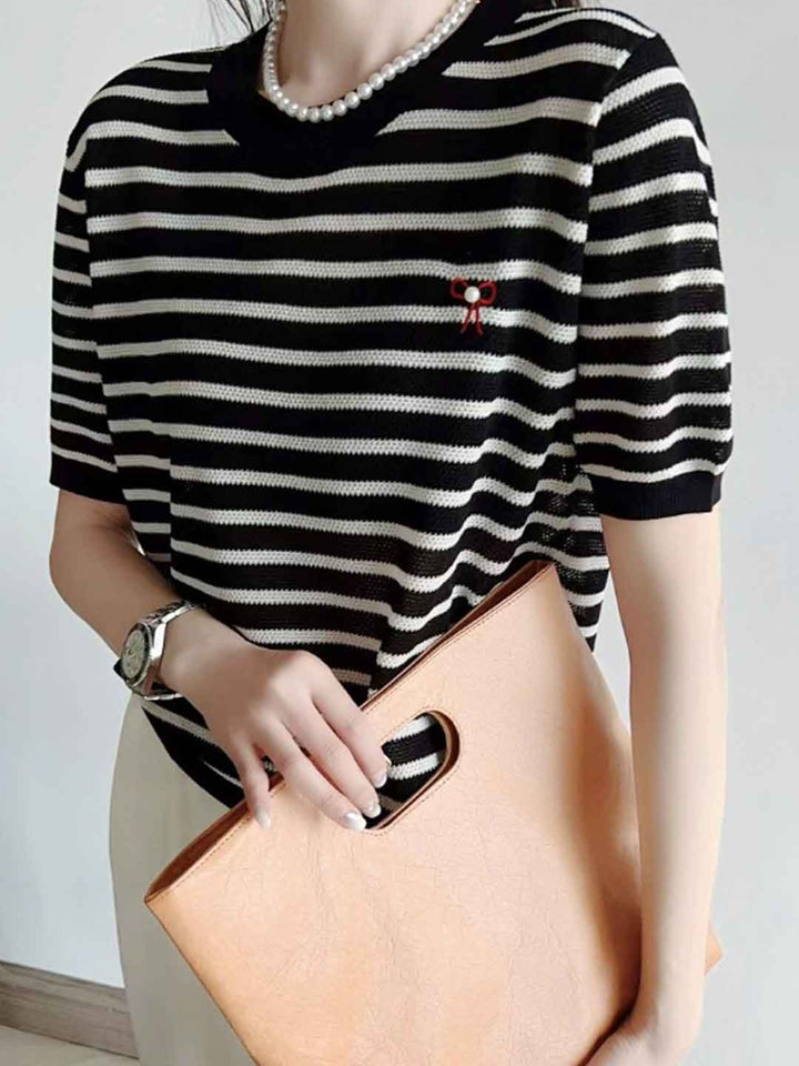 Grace Classic Crew Neck Striped Bow Beaded Knitted Top