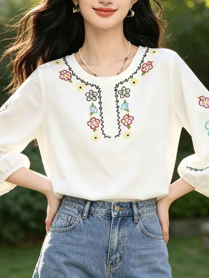 Madison Loose Crew Neck Latern Sleeve Embroidered Top