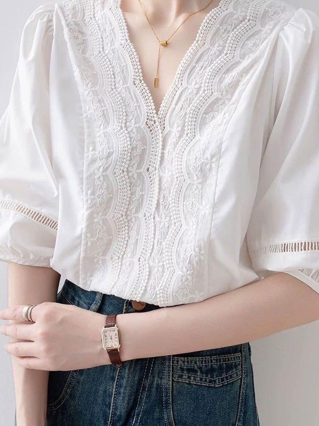 Sofia Vintage V-Neck Lace Patchwork Top