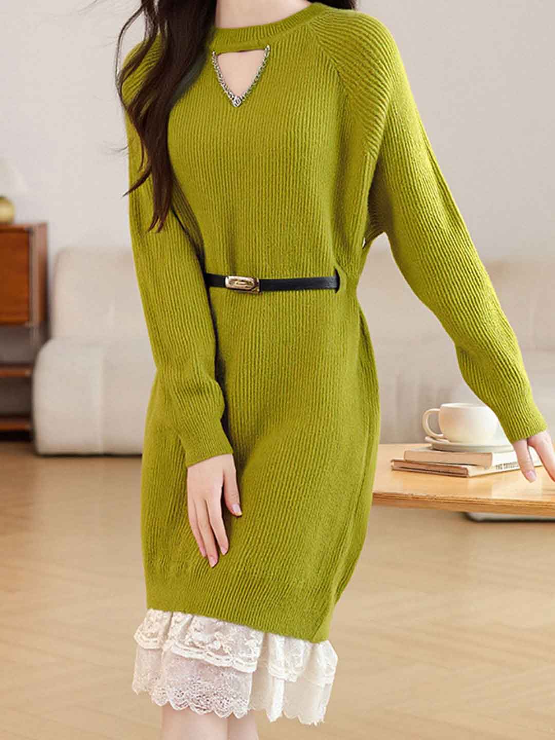 Kaylee Daily Crew Neck Patchwork Lace Knitted Dress