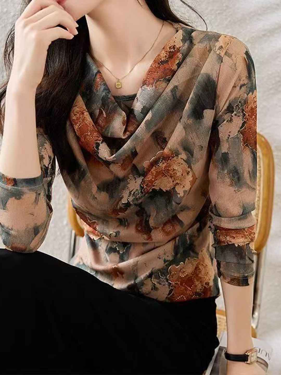 Ella Slim Stack Collar Printed Mesh Top