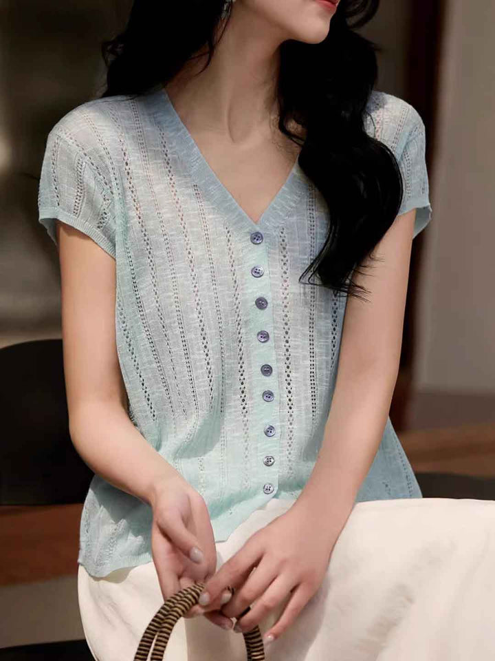 Rachel Classic V-Neck Solid Color Hollowed Knitted Top