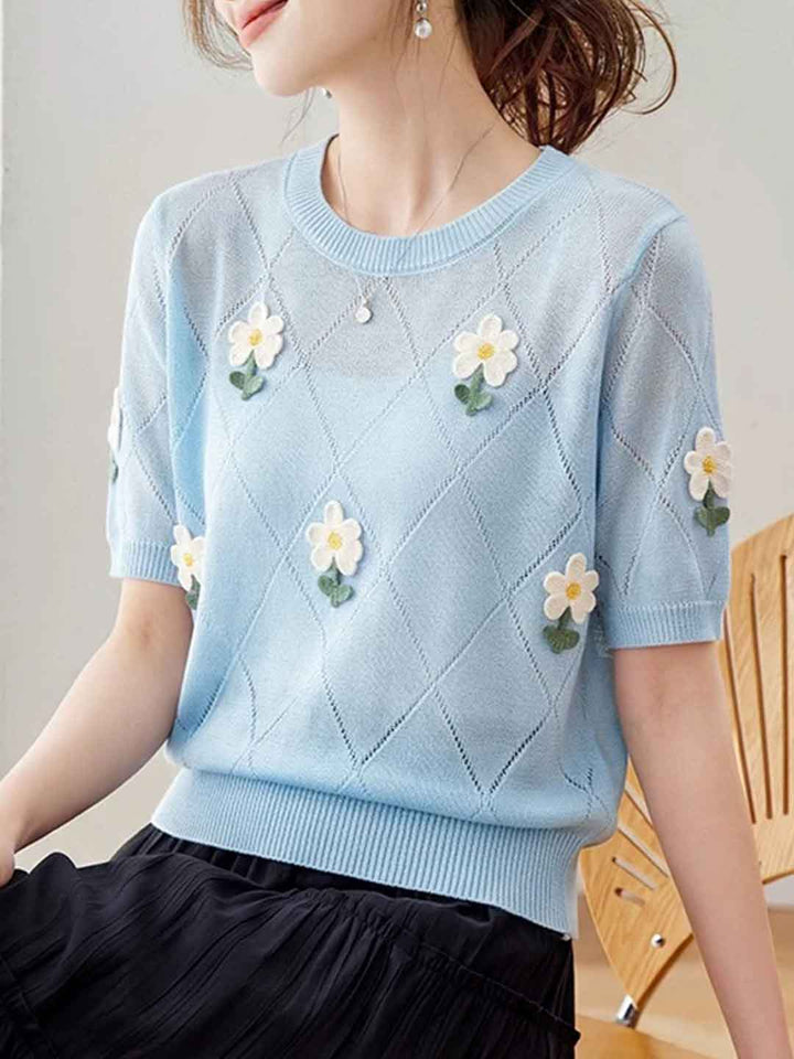 Emily Classic Crew Neck Hollowed Embroidered Knitted Top