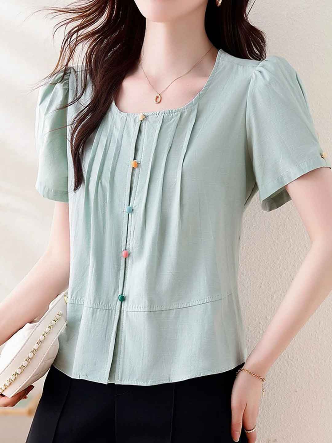 Hannah Retro Crew Neck Puff Sleeve Buttons Top