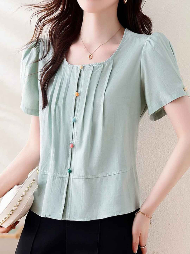 Hannah Retro Crew Neck Puff Sleeve Buttons Top