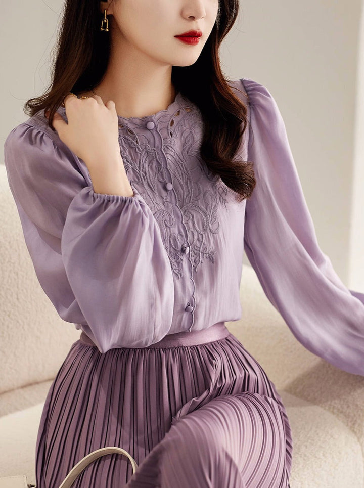 Jocelyn Elegant Embroidered Lantern Sleeve Shirt-Khaki